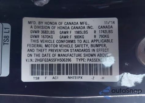 2015 Honda Civic Lx из США, поврежденный, VIN 2HGFG3A55FH506396